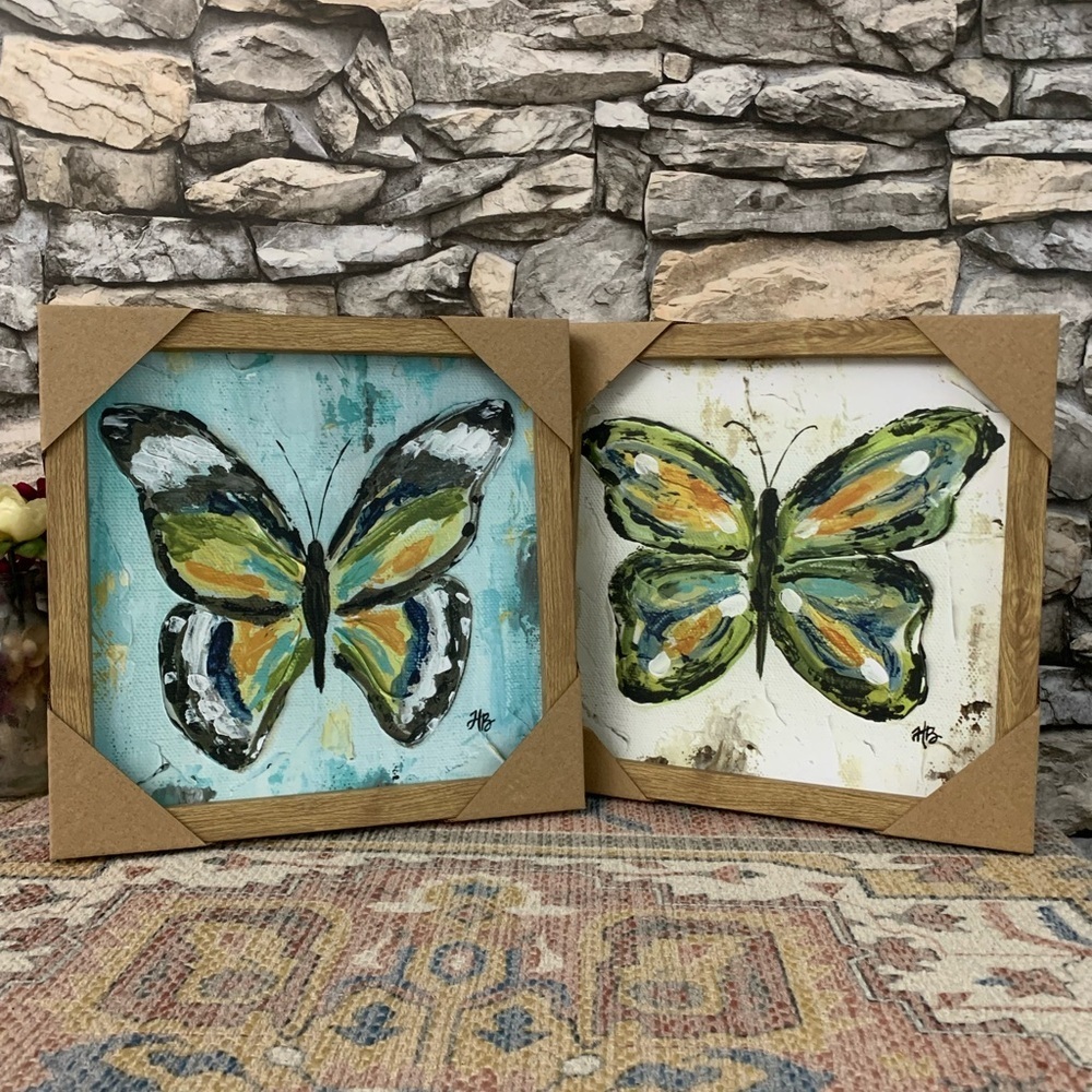 #71 Butterflies 2 Piece Framed Set Wall Farm Decor Art Picture Plaque Wood Frame